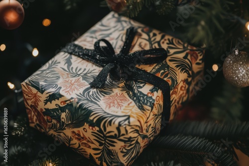 Photo of wrapped christmas gift box with ribbon on tree