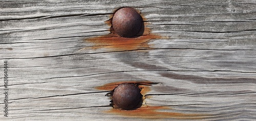 Close-up of two rusty bolts embedded in aged wooden planks, with corrosion stains spreading across the textured surface, showing the passage of time and natural decay