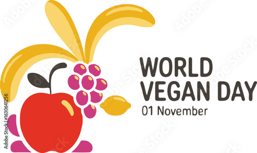 Festive World Vegan Day Design with Fruits and Celebratory Text for a Healthy and Compassionate Lifestyle