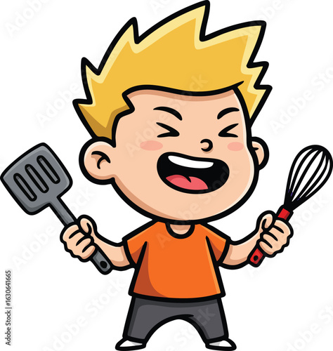 Boy cooking with spatula and whisk cartoon character vector illustration in playful orange and black outfit 