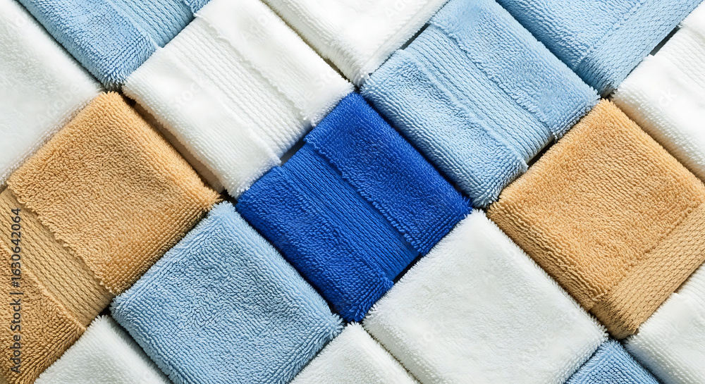 Fototapeta premium Stacked folded towels in diamond pattern fabric textile
