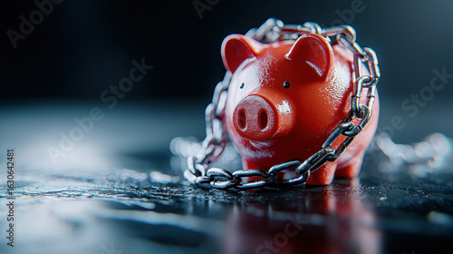 Heavy chain surrounds red piggy bank, symbolizing financial constraints and security. image evokes sense of caution