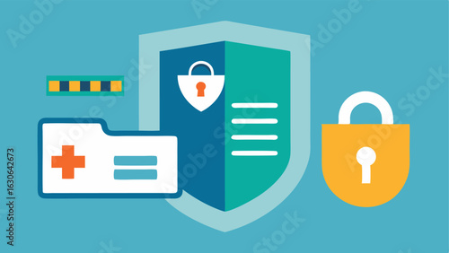 Data Privacy Assurance An illustration showing a digital lock and shield symbol integrated into a health record interface symbolizing the protection of personal health data and