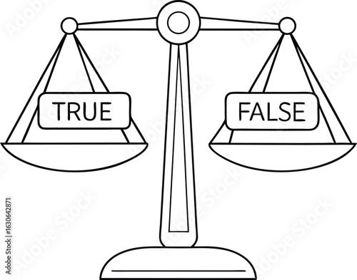 A simple black and white illustration of a balance scale, weighing truth against falsehood.