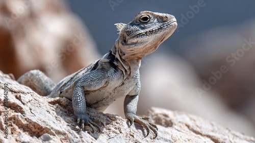   A sharp focus on a lizard perched atop a rock amidst a clear, crisp environment