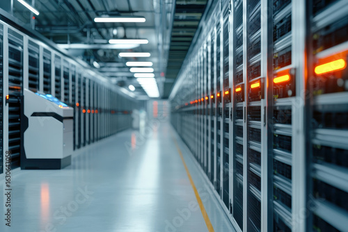 Modern storage facility with automated systems  showcasing rows of servers and advanced technology  creating high tech