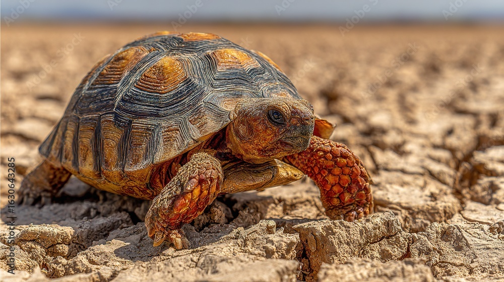 Obraz premium A close-up of a tortoise on dirt ground with a blue sky in the background