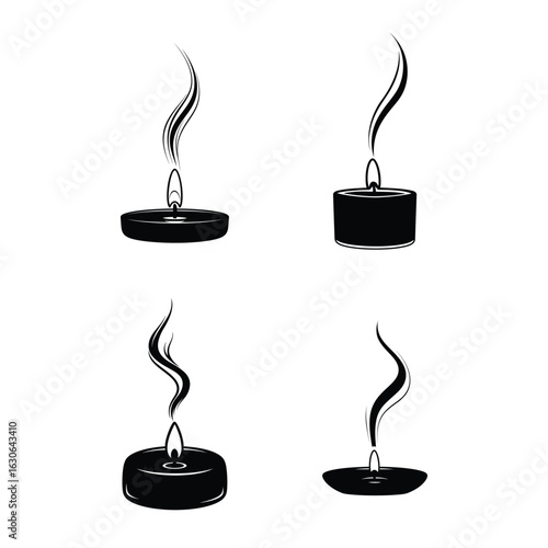 Bundle of different burning tealight candles with swirling smoke silhouette on white background