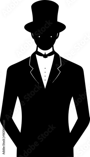 Silhouette of a well-dressed man in a classic formal attire, wearing a top hat and standing elegantly