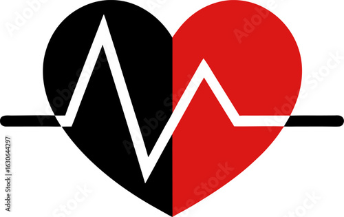 An abstract representation of a heart divided into two halves with a heartbeat line passing through it