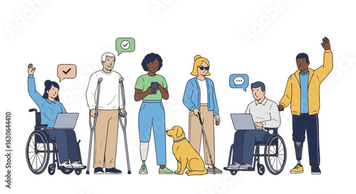 A diverse group of people with various abilities, using technology and communicating with each other. 