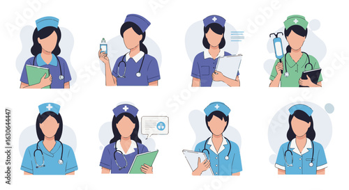 A collection of eight illustrated female nurses in various poses, showcasing diverse healthcare tasks.