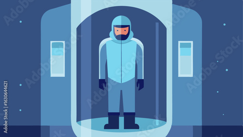 Cryotherapy Chamber A person inside a sleek futuristic cryotherapy machine clad in protective gear with visible cold mist and a timer indicating the duration of exposure.