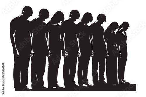 Vector art of a group of silhouetted people stand in a row with their heads bowed in a moment of sadness and reflection