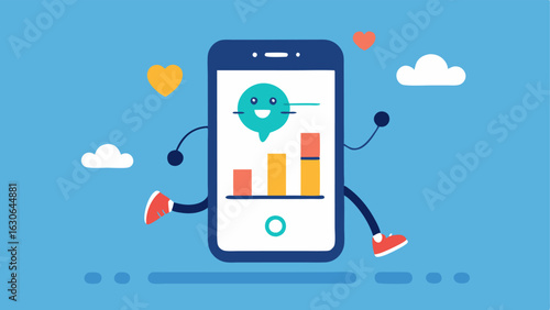 Activity Tracking Feature A smartphone displaying an animated graph that tracks daily physical activity showing steps taken and calories burned with a cartoon character jogging.
