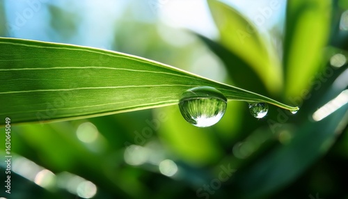 a tiny droplet of water clings to the edge of a vibrant green leaf reflecting the surrounding greenery in a serene close up view of nature s beauty