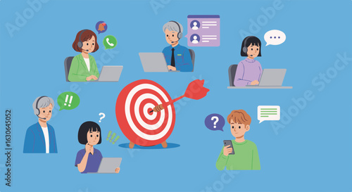 Customer service representatives assist clients and strategize to hit target in blue background.