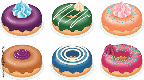 Delicious donuts assortment with colorful toppings vector illustration art