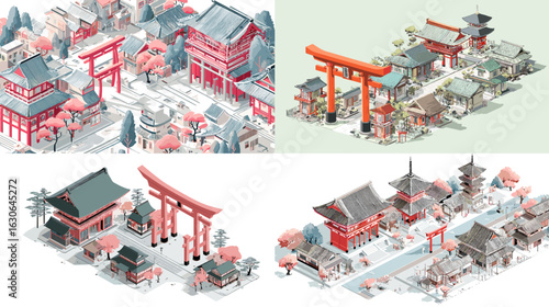 Beautiful isometric illustration of traditional Japanese shrines and torii gates, featuring temple architecture and serene cherry blossom surroundings in soft colors.

