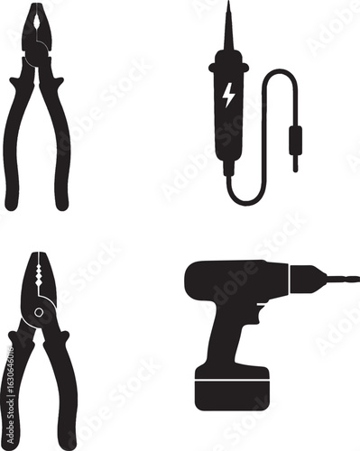 Essential Tools of a Professional Electrician,Black and white silhouette of insrument tools
