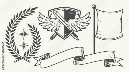 Shield wings swords flag banner laurel wreath heraldry emblem design elements
