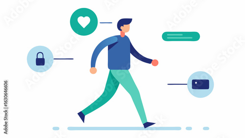 Activity Tracker A vector of a person walking with a digital overlay showing step count and distance traveled indicating realtime tracking of physical activity.