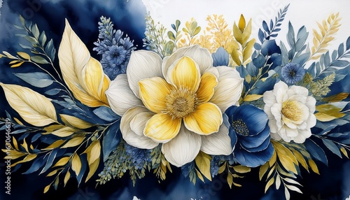 watercolor floral arrangement featuring cream yellow and dark blue colors