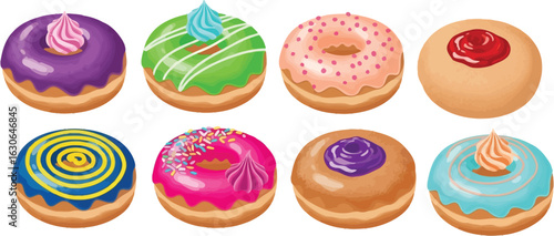 Delicious donuts illustration set with colorful toppings for bakery concept