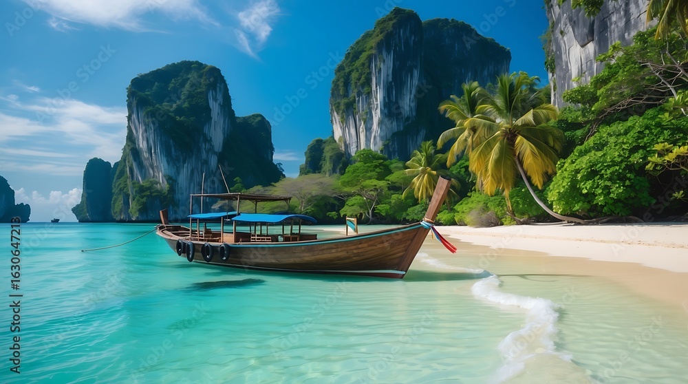 Obraz premium Serene thai longtail boat anchored in crystal clear turquoise waters off a tropical island beach with towering limestone cliffs