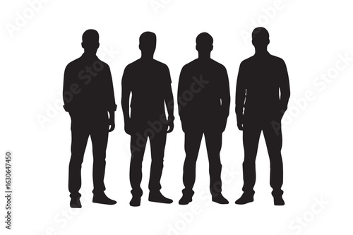 Vector art of silhouette of four men standing together representing teamwork and collaboration in a modern and minimalist style