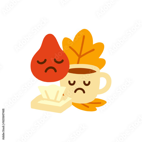Autumn Allergy and Cold – Sad Red Drop, Tea Mug, and Tissue in Naive Flat Vector SVG on Transparent Background for Seasonal Illness Education, Pharmacy Ads, and Fall Health Campaigns in Warm Earth