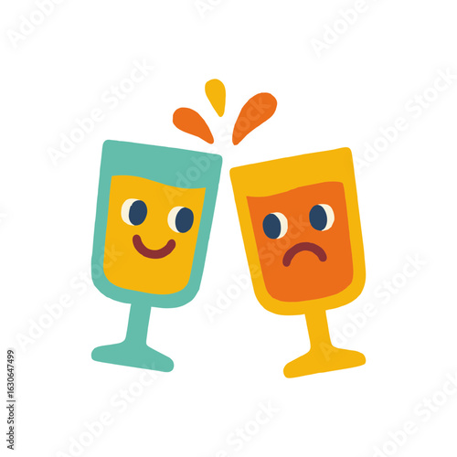 Smiling and Sad Cartoon Glasses in Doodle Black SVG on Transparent Background for Party Invitation Designs, Alcohol Awareness Campaigns, and Beverage Branding in Playful Retro Color Palette