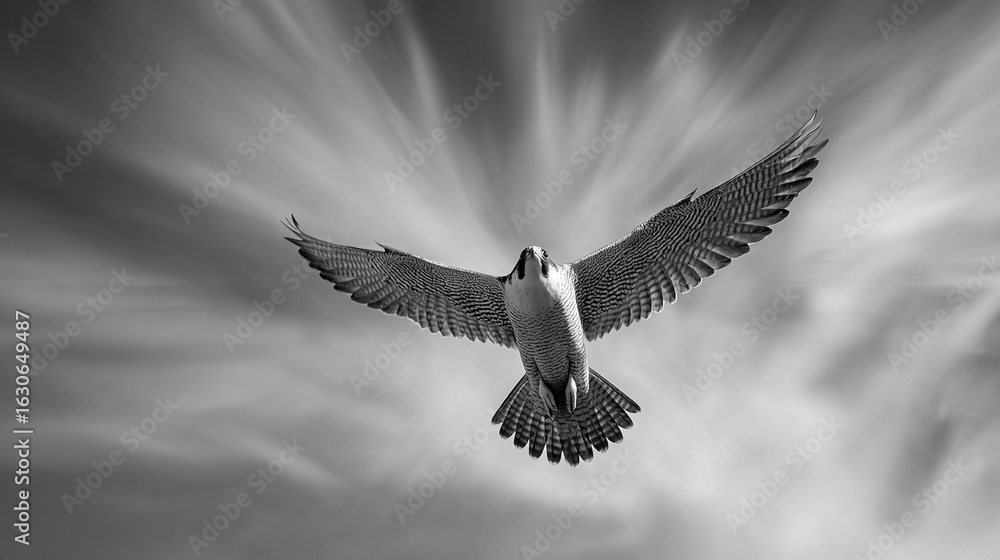 Fototapeta premium A monochrome image shows a bird soaring through the clouds, its wings fully extended