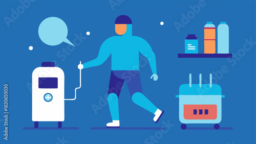 Cryotherapy Equipment A vector illustration of various cryotherapy equipment including localized ice packs cryo chambers and an athlete moving between them.