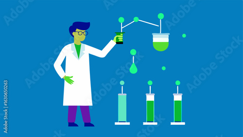 Cultivating Cells A person with a pipette transferring a bright green liquid into a series of small test tubes labeled with various biohacking experiments.