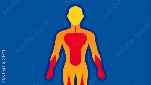 Focused Scan Area A vector image of a person with a highlighted thermal scan area around joints and muscles emphasizing potential circulatory issues with bright colors.
