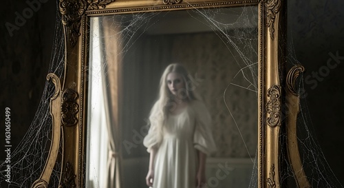 A ghostly woman with long white hair stares from a cobweb-covered ornate mirror in a dark, haunted room.