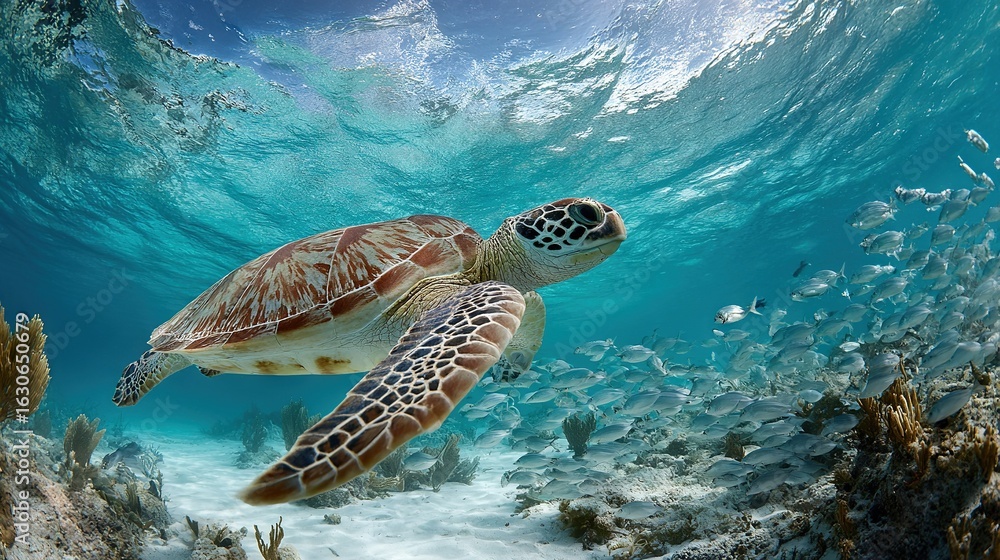 Fototapeta premium A sea turtle swimming gracefully in the ocean with schools of fish surrounding its neck and head just above the water's surface