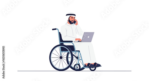 Vector art of arab man in wheelchair using laptop and phone, isolated on white background