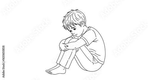 Vector art of sad boy sitting alone, isolated on white background