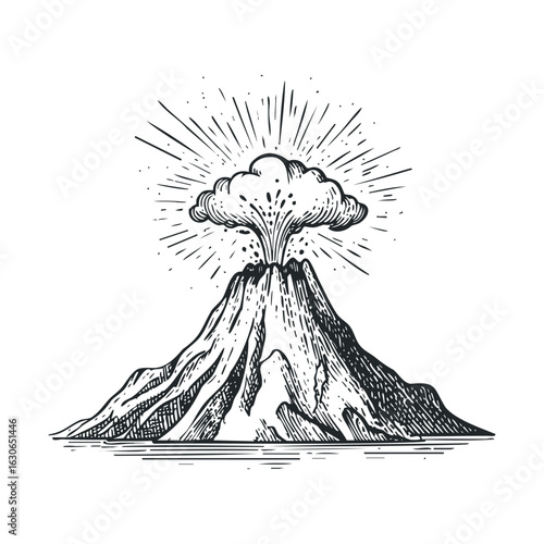 Erupting volcano with ash cloud and rays of light