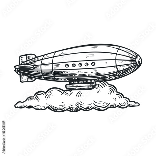 Vintage airship flying over clouds in retro style design