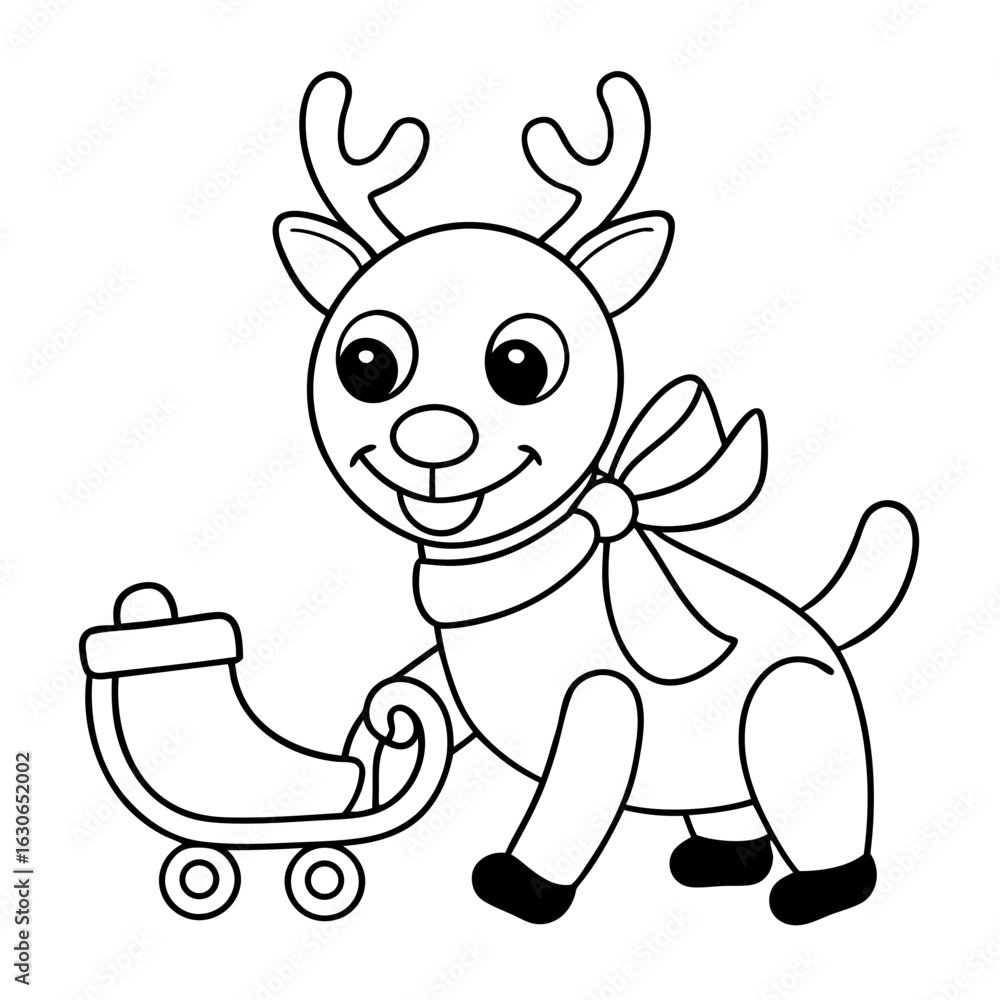 Obraz premium Printable Smiling Reindeer Pulling Sled Black Outline