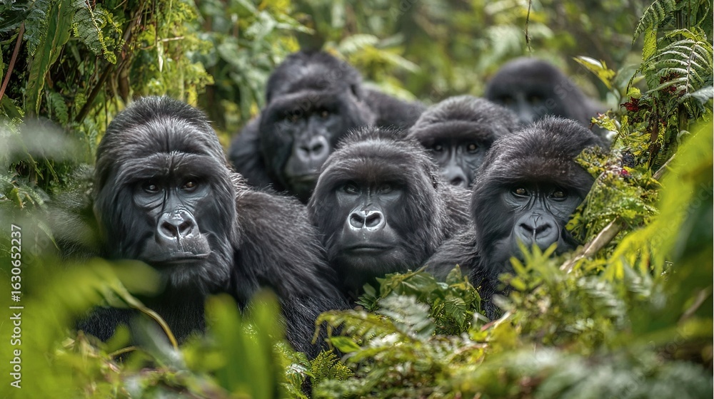 Obraz premium A group of gorillas posing in a forest, with open mouths and focused on the camera