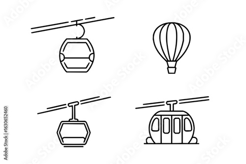 Explore scenic views with cable car and hot air balloon vector icons for travel and adventure design