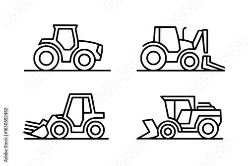 Outline tractor vector illustration set for agricultural machinery and construction equipment design