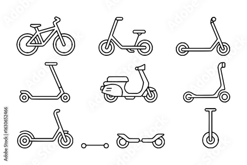 Vector illustration of various transportation methods including scooter bike and motorcycle vehicle icons