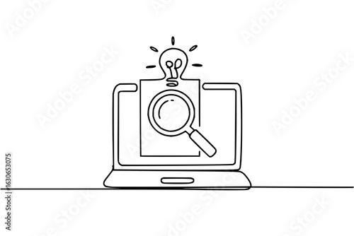 Laptop search idea concept one line drawing for seo and web development and online business growth