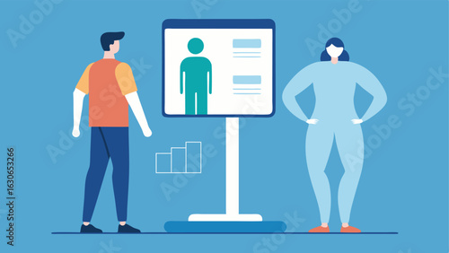 Body Composition Analysis The patient standing on a hightech body composition scale that displays metrics on a nearby screen while the consultant explains the results.
