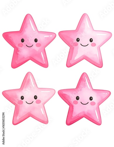 Four cute pink star stickers with happy faces